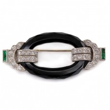 Broșă Art Deco din aur alb 18k și platină decorată cu onix natural, diamante și smaralde naturale | Franța cca.1925  Broșă Art Deco din aur alb 18k și platină decorată cu onix natural, diamante și smaralde naturale | Franța cca.1925