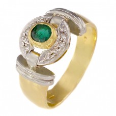 Inel cocktail retromodernist din aur galben și aur alb 18k decorat cu diamante naturale și smarald natural | cca. 1980  Inel cocktail retromodernist din aur galben și aur alb 18k decorat cu diamante naturale și smarald natural | cca. 1980