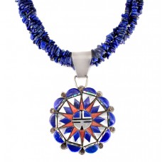 Colier etnic amerindian din argint decorat cu lapis lazuli, coral și sidef natural | amuletă Zuni Pueblo Sun Face | atelier R P Edaakie | Statele Unite cca.1980  Colier etnic amerindian din argint decorat cu lapis lazuli, coral și sidef natural | amuletă Zuni Pueblo Sun Face | atelier R P Edaakie | Statele Unite cca.1980