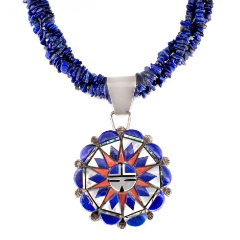 Colier etnic amerindian din argint decorat cu lapis lazuli, coral și sidef natural | amuletă Zuni Pueblo Sun Face | atelier R P Edaakie | Statele Unite cca.1980 