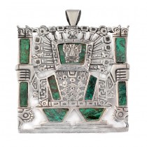 Impresionant pandant pectoral - broșă Mayan - Inca Revival | manufactură în argint & crisocola | Peru cca.1970