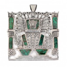 Impresionant pandant pectoral - broșă Mayan - Inca Revival | manufactură în argint & crisocola | Peru cca.1970 Impresionant pandant pectoral - broșă Mayan - Inca Revival | manufactură în argint & crisocola | Peru cca.1970