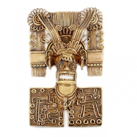  Broșă - pandant mexicană din argint aurit manufacturată în stil precolonial spaniol | Mictlantecuhtli |atelier Oaxaca | cca.1980
