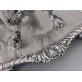 Centru de masă Historismus de perioadă victoriană | alamă argintată & sticlă cobalt |  atelier James Dikens & Sons | Marea Britanie cca.1880