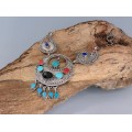 Vechi colier etnic indian din argint, decorat cu turcoaz, coral, lapis lazuli & diopsid negru cu asterism | Britsih Raj 