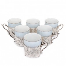 Serviciu de cești din porțelan Heinrich & Co cu suporturi din argint Brandimarte Guscelli  pentru servirea cafelei | cca. 1970 Serviciu de cești din porțelan Heinrich & Co cu suporturi din argint Brandimarte Guscelli  pentru servirea cafelei | cca. 1970
