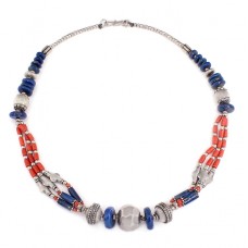 Colier etnic indian din argint decorat cu anturaje de coral roșu natural  și lapis lazuli | Rajasthan cca.1950 Colier etnic indian din argint decorat cu anturaje de coral roșu natural  și lapis lazuli | Rajasthan cca.1950