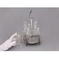 Olivieră neoclasică din argint cu 6 flacoane din cristal pentru condimente | atelier Tadiello Gaetano | Italia cca.1955