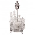Olivieră neoclasică din argint cu 6 flacoane din cristal pentru condimente | atelier Tadiello Gaetano | Italia cca.1955