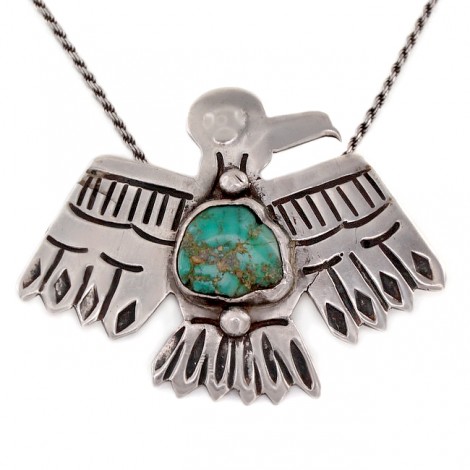 Colier cu veche amuletă amerindiană Thunderbird  manufacturată în argint și turcoaz natural King Manassa | Statele Unite cca. 1930 -1940