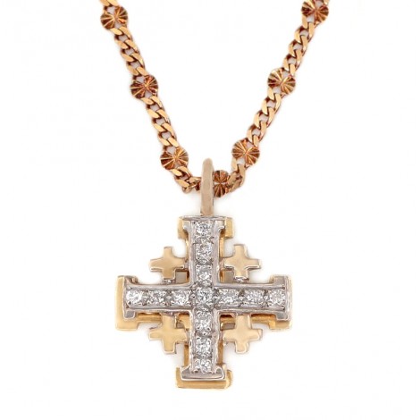 Colier vintage din aur 18K cu pandant Crucea Ierusalim decorat cu diamante naturale | cca.1970