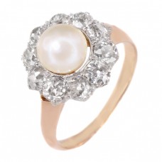 Inel Art Deco din aur roz 18k și platină decorat cu diamante naturale 1.7 CT și perlă  naturală Akoya | Franța cca.1925 Inel Art Deco din aur roz 18k și platină decorat cu diamante naturale 1.7 CT și perlă  naturală Akoya | Franța cca.1925