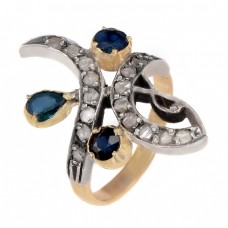 Inel Art Nouveau din aur galben 18k și argint decorat cu diamante  și safire naturale | Franța cca. 1900 - 1910 Inel Art Nouveau din aur galben 18k și argint decorat cu diamante  și safire naturale | Franța cca. 1900 - 1910