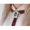 Colier amerindian - cravată Bolo din argint decorat cu turcoaz și coral natural | șnur din piele naturală | semnat Robert RJP | Statele Unite
