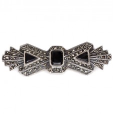 Broșă  statement Art Deco din argint decorată cu onix negru și marcasite | cca.1945 Broșă  statement Art Deco din argint decorată cu onix negru și marcasite | cca.1945