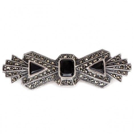 Broșă  statement Art Deco din argint decorată cu onix negru și marcasite | cca.1945