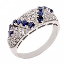 Rafinat inel cocktail din aur alb 18K decorat cu diamante și safire naturale | Franța cca.1960 - 1970 Rafinat inel cocktail din aur alb 18K decorat cu diamante și safire naturale | Franța cca.1960 - 1970