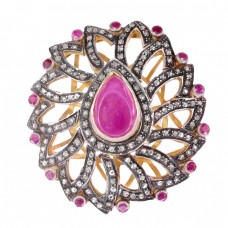 Inel statement de perioadă Belle Epoque din aur galben 14k și argint decorat cu diamante 1 ct și rubine naturale 5.35 ct | Marea Britanie cca.1900