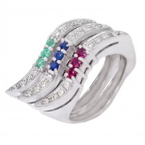 Set Trilogy format de 3 inele din aur alb 18k decorate cu diamante, rubine, smaralde și safire naturale | anii 2000