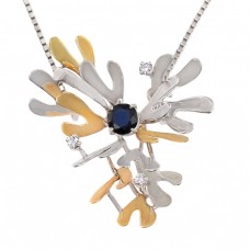 Colier cu pandant mid-century din aur galben și aur alb 18k decorat cu diamante și safir natural | cca.1965 Colier cu pandant mid-century din aur galben și aur alb 18k decorat cu diamante și safir natural | cca.1965