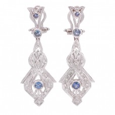Cercei statement Art Deco din aur alb 18k decorați cu diamante și safire naturale | Franța cca.1945  Cercei statement Art Deco din aur alb 18k decorați cu diamante și safire naturale | Franța cca.1945