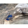 Garnitură pentru condimente din argint și sticlă cobalt formată din trei boluri stilizate sub forma unor lebede și trei lingurițe