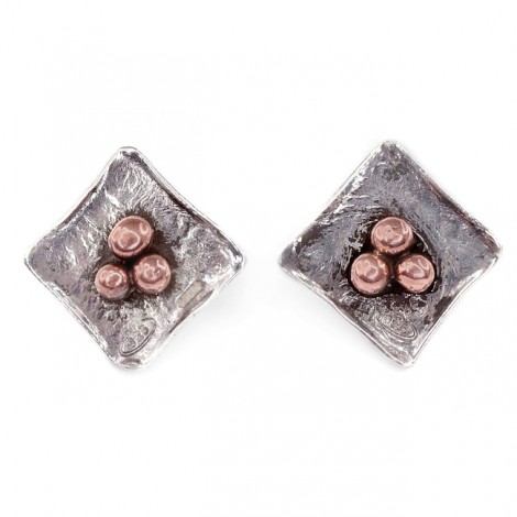 Cercei din argint reticulat și patinat decorați cu granule cu cupru | design contemporan