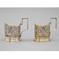 Set de 2 suporturi Podstakannik  din argint pentru pahare de ceai | atelier sovietic | Rusia cca.1960 