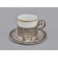 Rafinată garnitură neorococo de cești demitasse din argint și porțelan pentru servirea cafelei | atelier Rino Greggio cca.1950