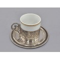 Rafinată garnitură neorococo de cești demitasse din argint și porțelan pentru servirea cafelei | atelier Rino Greggio cca.1950