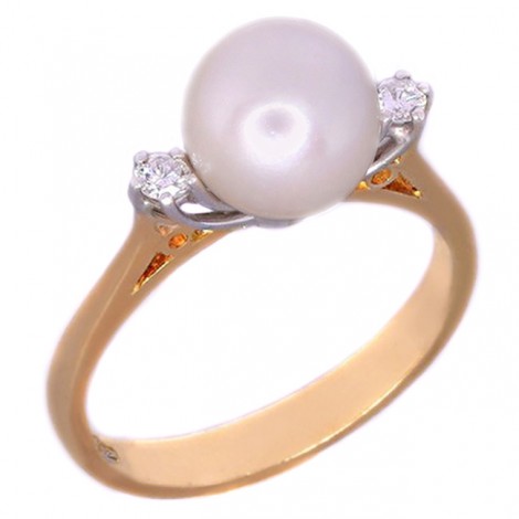 Inel din aur galben și aur alb 18k decorat cu o perlă naturală Akoya cu montură rotativă și diamante naturale 
