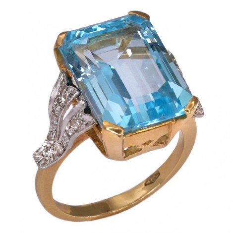 Spectaculos inel cocktail retromodernist din aur galben și aur alb 18k decorat cu diamante și topaz natural 14.15 ct