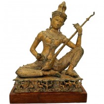 Veche statuetă Saraswati din bronz patinat dore | postament din lemn de tec |  Regatul Siam - Thailanda  cca.1940 