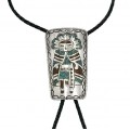 Colier amerindian Bolo Tie din argint intarsiat cu turcoaz și coral | șnur din piele naturală | artizan Ray Bennet - Statele Unite cca. 1950 - 1960