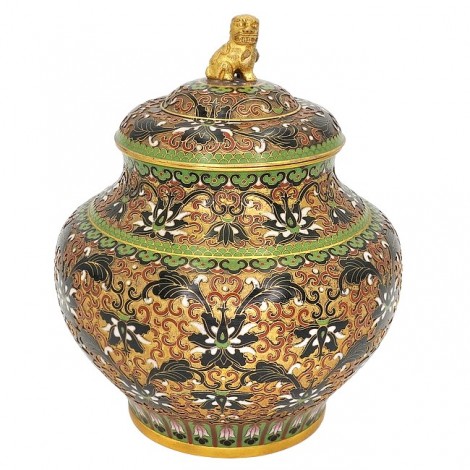 Urnă din bronz emailat cloisonne și aurit dore | Foo Dog Ginger Jar | perioadă Chiang Kai - China cca.1940