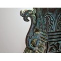 Monumentală veioză din bronz patinat verdigris în stil arhaic chinezesc HU 