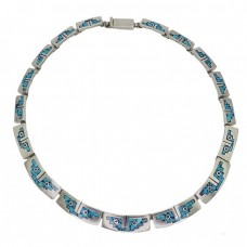 Colier modernist mexican Aztec Revival din argint decorat cu mozaic de turcoaze naturale | atelier Taxco cca.1980  Colier modernist mexican Aztec Revival din argint decorat cu mozaic de turcoaze naturale | atelier Taxco cca.1980