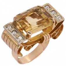 Inel autentic Art Deco din aur galben și aur roz 14k decorat cu un citrin natural 9.05 ct și spinele | Franța cca. 1925 Inel autentic Art Deco din aur galben și aur roz 14k decorat cu un citrin natural 9.05 ct și spinele | Franța cca. 1925