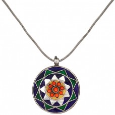 Colier etnic sino-tibetan accesorizat cu impresionantă amuletă Mandala | argint emailat & coral natural | Uttar Pradesh cca.1940  Colier etnic sino-tibetan accesorizat cu impresionantă amuletă Mandala | argint emailat & coral natural | Uttar Pradesh cca.1940