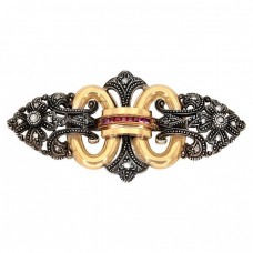 Broșă Art Deco din aur galben 18k și argint decorată cu diamante naturale, rubine și safire de sinteză | Portugalia cca.1940  Broșă Art Deco din aur galben 18k și argint decorată cu diamante naturale, rubine și safire de sinteză | Portugalia cca.1940