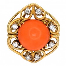 Inel cocktail  din aur galben și aur alb 18k decorat diamante naturale și coral natural | Italia cca.1950 Inel cocktail  din aur galben și aur alb 18k decorat diamante naturale și coral natural | Italia cca.1950