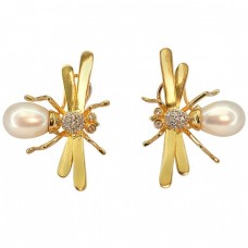 Cercei din aur galben 18k decorați cu diamante și perle naturale | Spring Fly | atelier William Lam & Co | Statele Unite anii' 80  Cercei din aur galben 18k decorați cu diamante și perle naturale | Spring Fly | atelier William Lam & Co | Statele Unite anii' 80