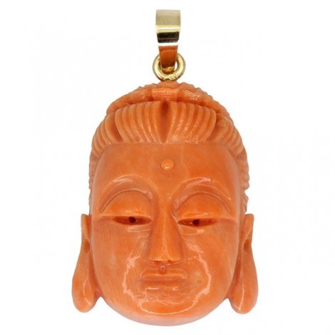 Pandant Buddha sculptat în coral natural | anou din aur 18k | cca. 1950 - 1970