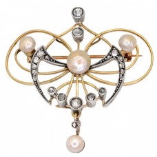 Broșă Art Nouveau din aur 18k și argint decorată cu diamante și  perle naturale de apă sărată | Franța cca.1900 -1910 Broșă Art Nouveau din aur 18k și argint decorată cu diamante și  perle naturale de apă sărată | Franța cca.1900 -1910