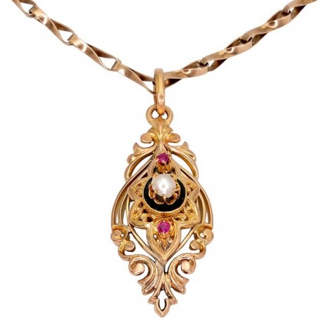  Colier din aur 14k cu pandant victorian 18k decorat cu safire roz și perlă naturală 