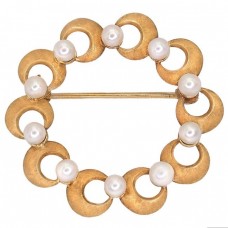 Broșă mid-century din aur 14k decorată cu perle naturale South Sea | cca. 1960  Broșă mid-century din aur 14k decorată cu perle naturale South Sea | cca. 1960