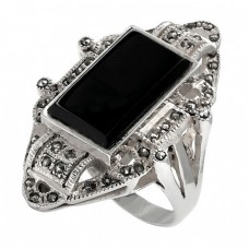 Inel statement Art Deco din argint decorat cu onix negru și incrustații de marcasite | cca. 1950 Inel statement Art Deco din argint decorat cu onix negru și incrustații de marcasite | cca. 1950