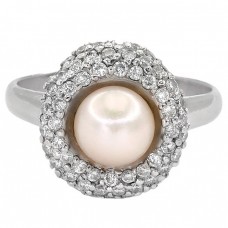Inel cocktail din aur alb 18k decorat cu diamante naturale 0.84 CT și perlă naturală Akoya | preloved anii 2000 Inel cocktail din aur alb 18k decorat cu diamante naturale 0.84 CT și perlă naturală Akoya | preloved anii 2000