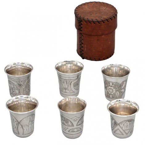 Set de 6 păhărele Kiddush din argint  pentru vodka | în etui de prezentare din piele naturală Rusia Imperială 1883 - 1896