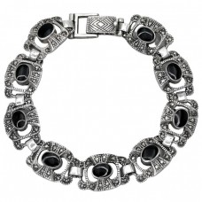 Brățară vintage Art Deco din argint  incrustat cu marcasite și onix negru natural | Statele Unite  cca. 1940  Brățară vintage Art Deco din argint  incrustat cu marcasite și onix negru natural | Statele Unite  cca. 1940